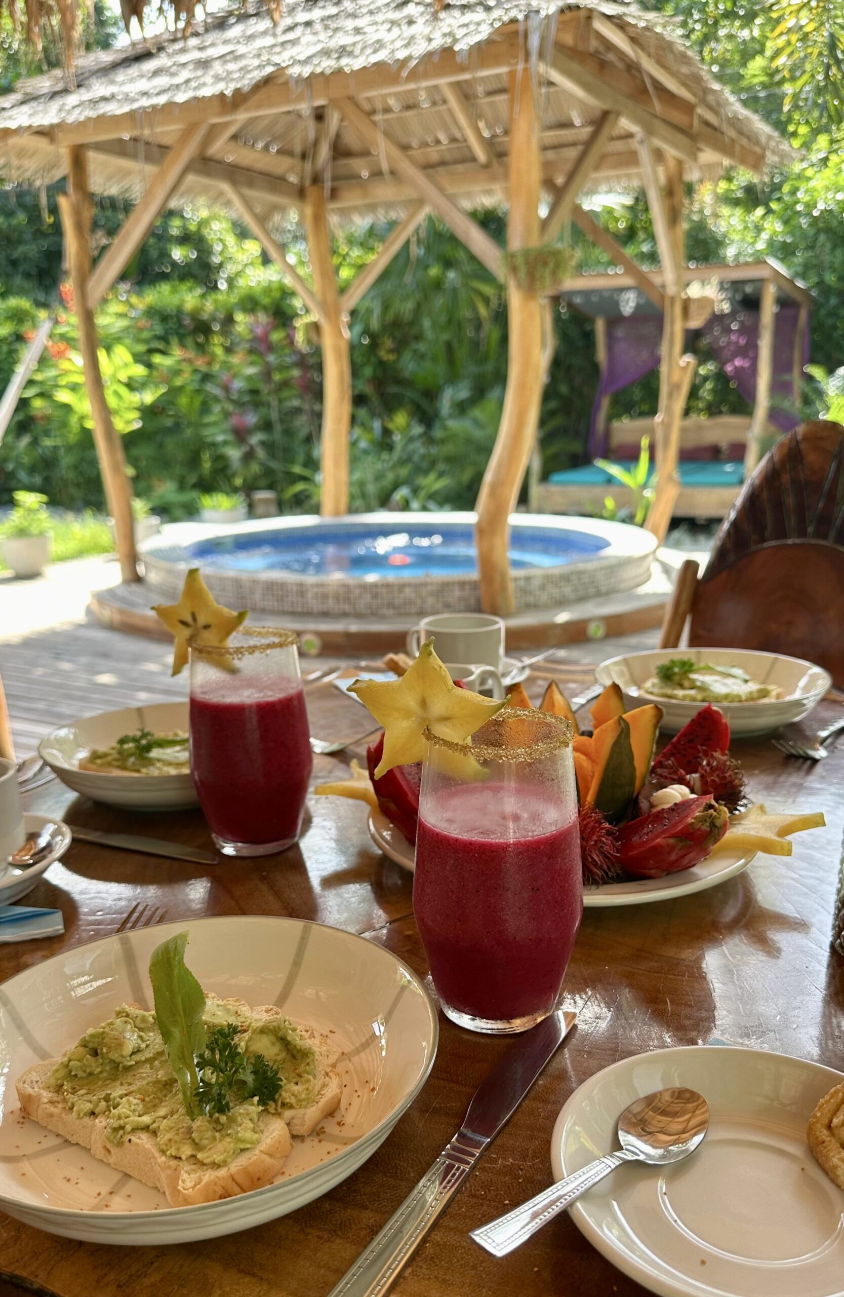 Tropical breakfast with avocado toast, red fruit smoothies, and starfruit garnish by the Jacuzzi at Casa Mambo
